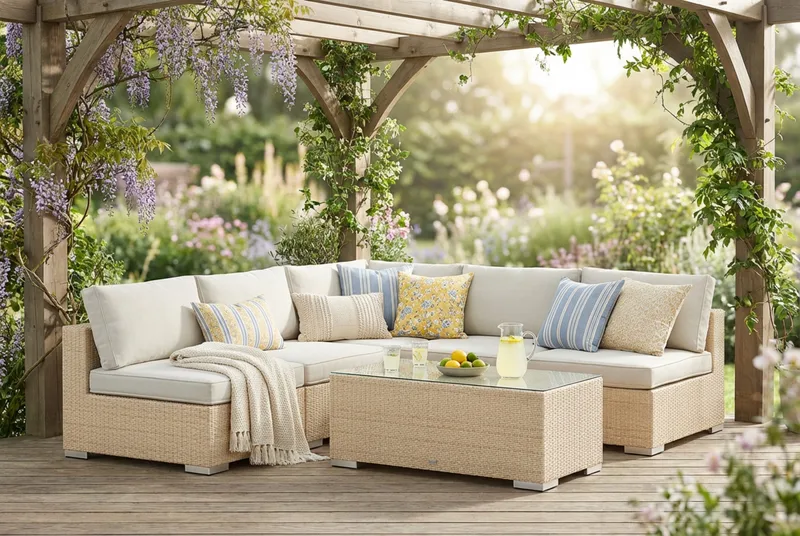 Bahamas udendørs hjørnesofa 5-pers vendbar med åben afslutning og bord - Beige - Have - Udendørs miljø - Altan & terrasse - Altanmøbler