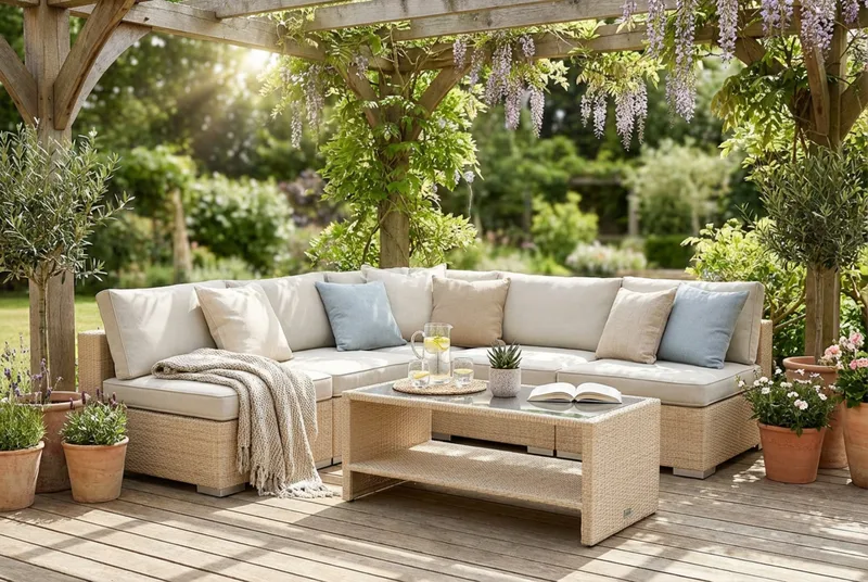 Bahamas udendørs hjørnesofa 5-pers vendbar med åben afslutning og bord med hylde - Beige - Have - Udendørs miljø - Altan & terrasse - Altanmøbler