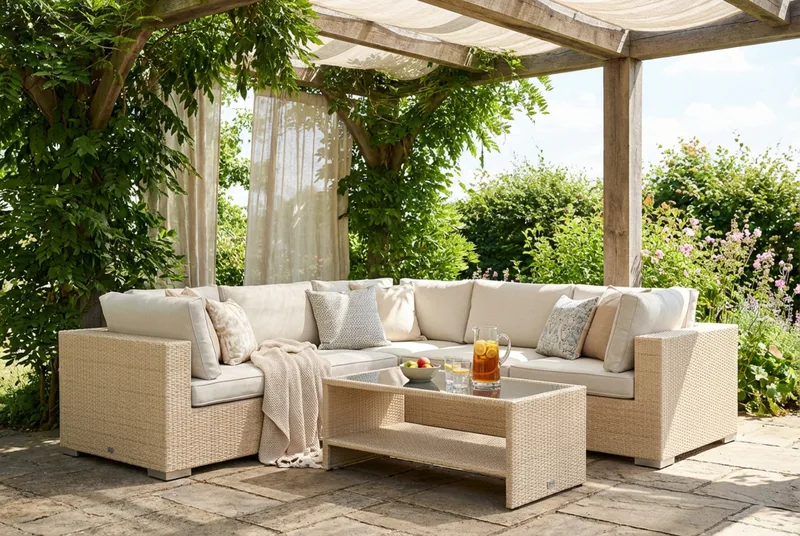 Bahamas udendørs hjørnesofa 5-pers vendbar og bord med hylde - Beige - Have - Udendørs miljø - Altan & terrasse - Altanmøbler