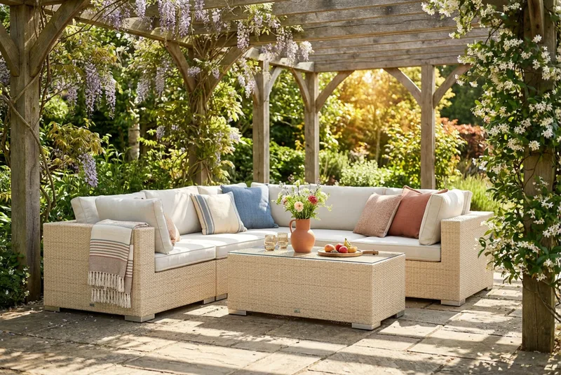 Bahamas udendørs hjørnesofa 5-pers vendbar med bord - Beige - Have - Udendørs miljø - Altan & terrasse - Altanmøbler