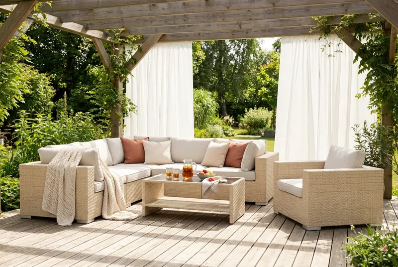 Bahamas udendørs hjørnesofa 6-pers vendbar med lænestol og bord med hylde - Beige - Have - Udendørs miljø - Altan & terrasse - Altanmøbler