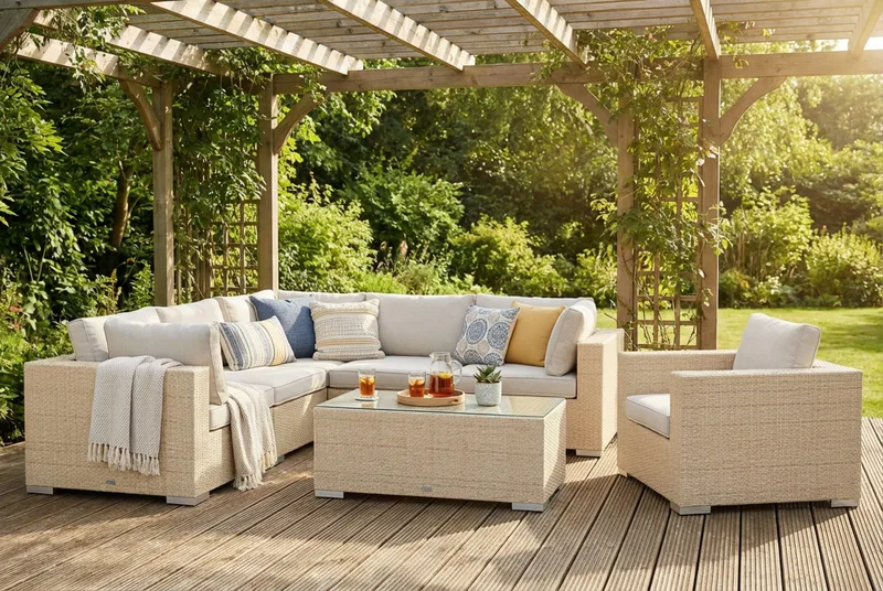 Bahamas udendørs hjørnesofa 6-pers vendbar med lænestol og bord - Beige - Have - Udendørs miljø - Altan & terrasse - Altanmøbler