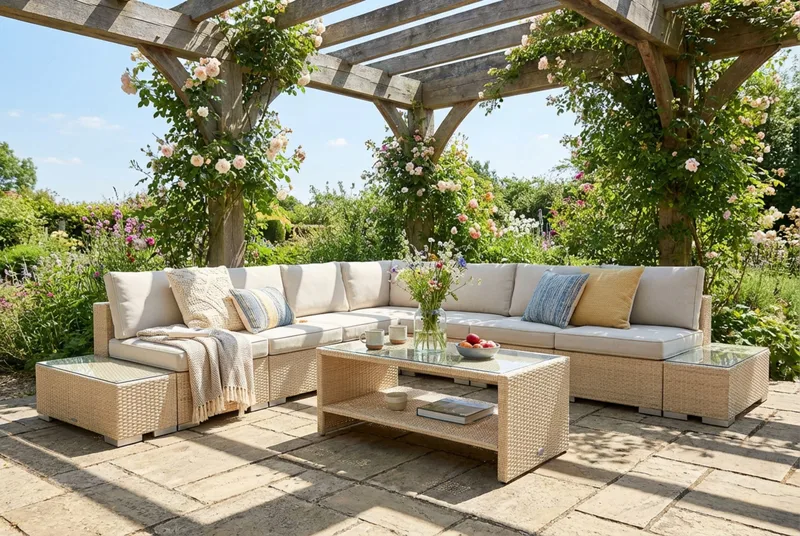 Bahamas udendørs hjørnesofa 7-pers vendbar med åben afslutning og bord med hylde - Beige - Have - Udendørs miljø - Altan & terrasse - Altanmøbler
