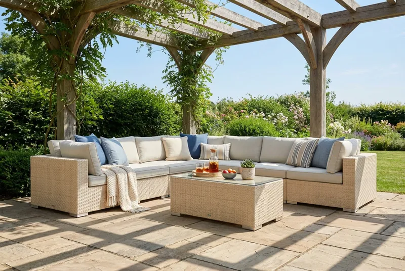 Bahamas udendørs hjørnesofa 7-pers vendbar med bord - Beige - Have - Udendørs miljø - Altan & terrasse - Altanmøbler