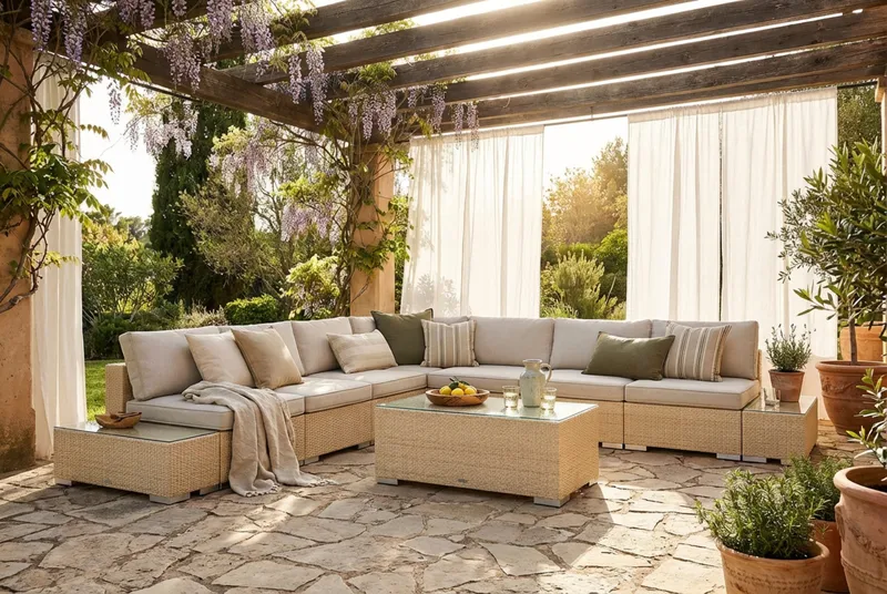 Bahamas udendørs hjørnesofa 7-pers vendbar med åben afslutning og bord - Beige - Have - Udendørs miljø - Altan & terrasse - Altanmøbler