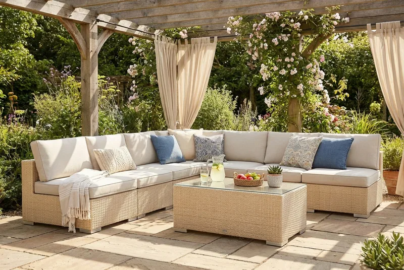 Bahamas udendørs hjørnesofa 7-pers vendbar med åben afslutning og bord - Beige - Have - Udendørs miljø - Altan & terrasse - Altanmøbler