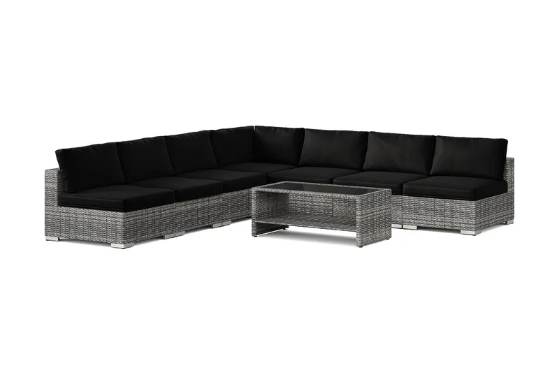 Bahamas udendørs hjørnesofa 7-pers vendbar med åben afslutning og bord med hylde, Grå