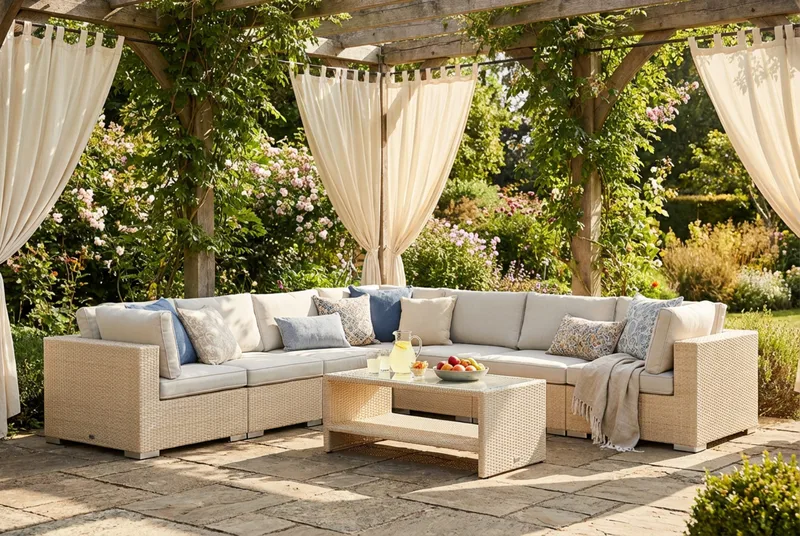 Bahamas udendørs hjørnesofa 7-pers vendbar og bord med hylde - Beige - Have - Udendørs miljø - Altan & terrasse - Altanmøbler