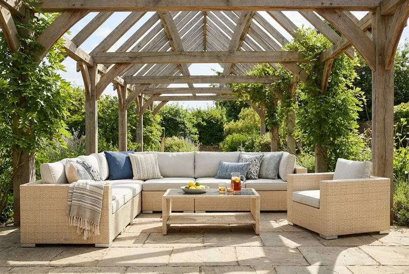 Bahamas udendørs hjørnesofa 8-pers vendbar med lænestol og bord med hylde - Beige - Have - Udendørs miljø - Altan & terrasse - Altanmøbler