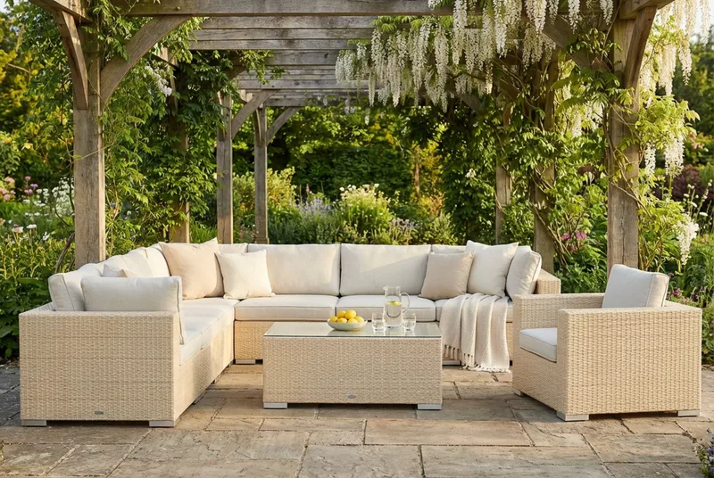 Bahamas udendørs hjørnesofa 8-pers vendbar med lænestol og bord - Beige - Have - Udendørs miljø - Altan & terrasse - Altanmøbler