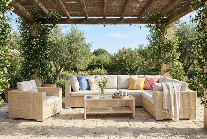 Bahamas udendørs L-sofa højre 7-pers med lænestol og bord med hylde - Beige - Have - Udendørs miljø - Altan & terrasse - Altanmøbler