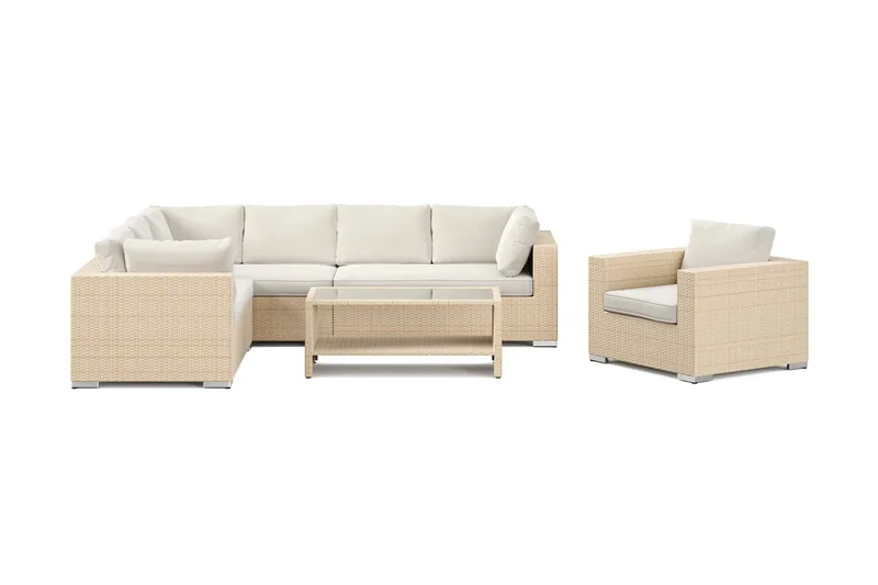 Bahamas udendørs L-sofa højre 7-pers med lænestol og bord med hylde - Beige - Have - Udendørs miljø - Altan & terrasse - Altanmøbler