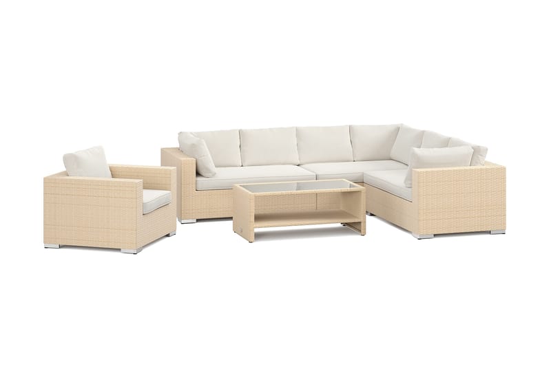 Bahamas udendørs L-sofa venstre 7-pers med lænestol og bord med hylde, Beige