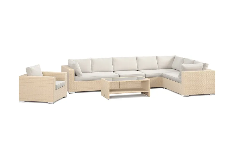 Bahamas udendørs L-sofa venstre 8-pers med lænestol og bord med hylde, Beige