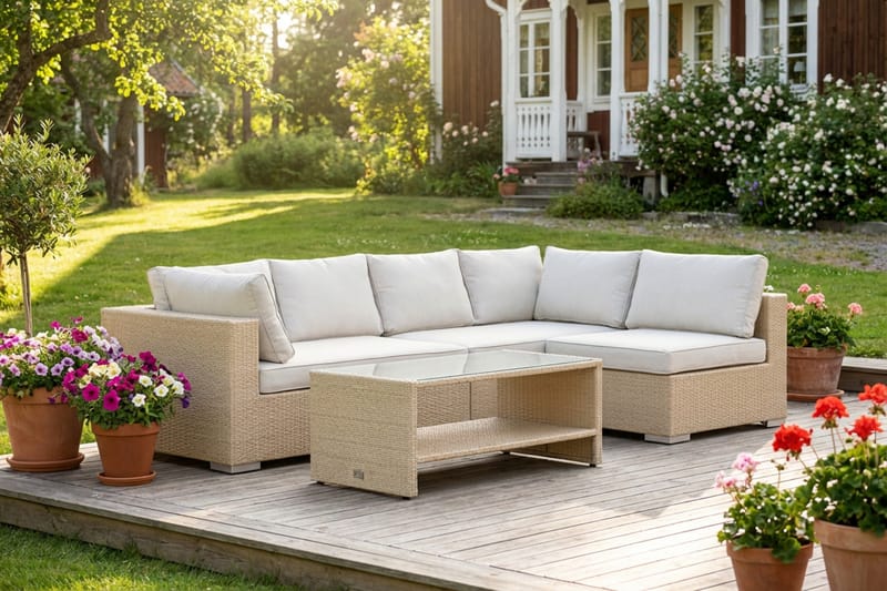 Bahamas udendørs loungegruppe 5-pers med vendbar chaiselong og bord med hylde - Beige - Have - Udendørs miljø - Altan & terrasse - Altanmøbler