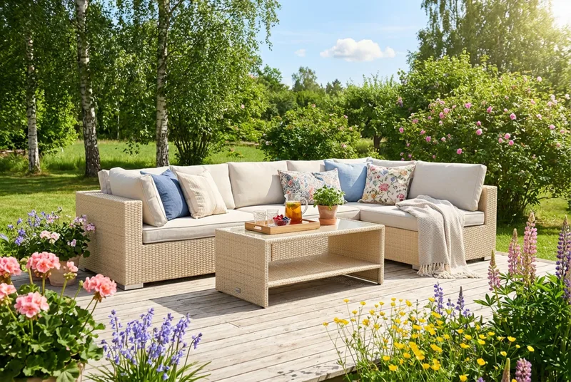 Bahamas udendørs loungegruppe 6-pers med vendbar chaiselong og bord med hylde - Beige - Have - Udendørs miljø - Altan & terrasse - Altanmøbler