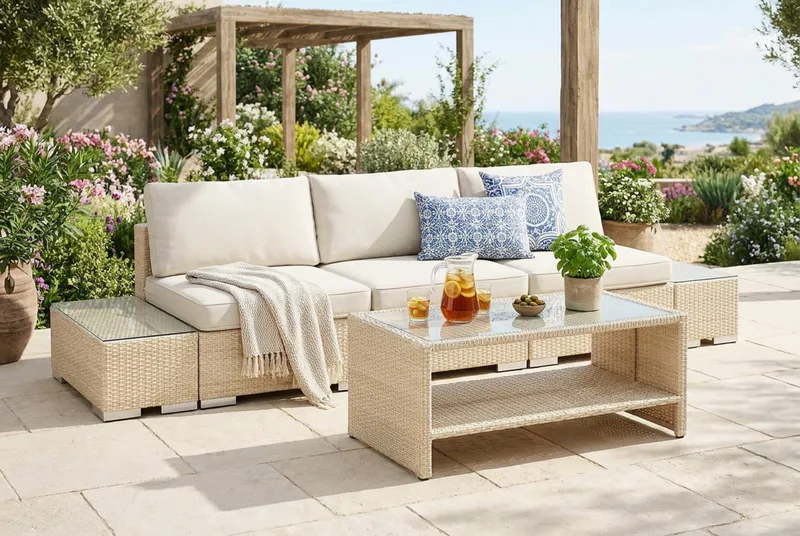Bahamas udendørs sofa 3-pers med bord med hylde - Beige - Havemøbler - Loungemøbler - Sofagrupper udendørs