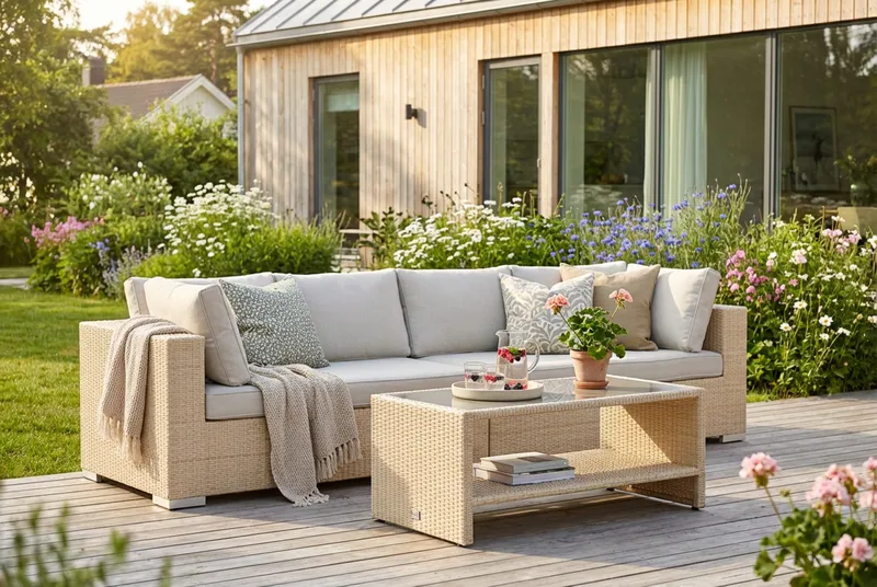 Bahamas udendørs sofa 4-pers med bord og hylde - Beige - Have - Udendørs miljø - Altan & terrasse - Altanmøbler