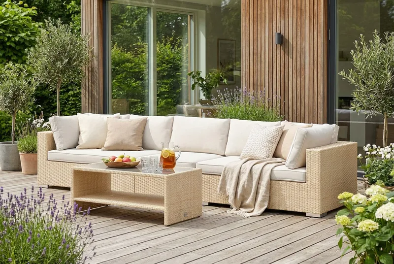 Bahamas udendørs sofa 5-pers med bord og hylde - Beige - Have - Udendørs miljø - Altan & terrasse - Altanmøbler