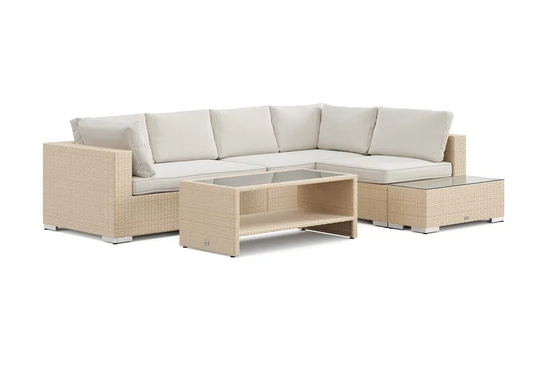 Bahamas udendørs sofa 5-pers vendbar chaiselong med afslutning og bord med hylde, Beige
