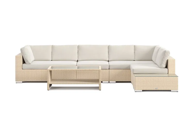 Bahamas udendørs sofa 6-pers vendbar chaiselong med afslutning og bord med hylde - Beige - Havemøbler - Loungemøbler - Sofagrupper udendørs