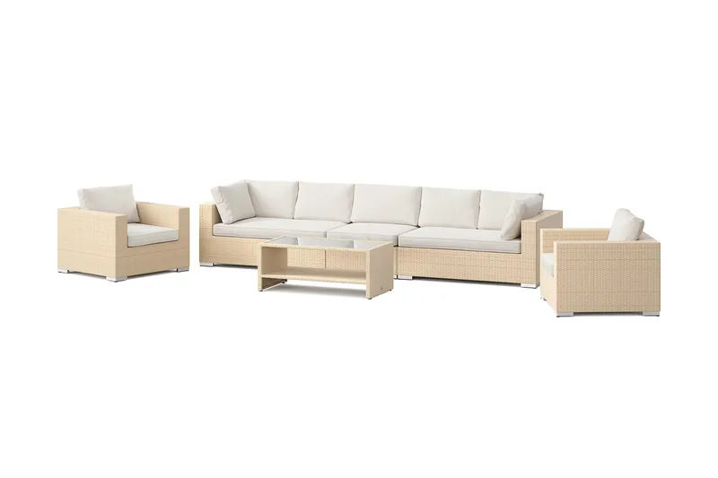 Bahamas udendørs sofagruppe 7-pers med to lænestole og bord med hylde, Beige