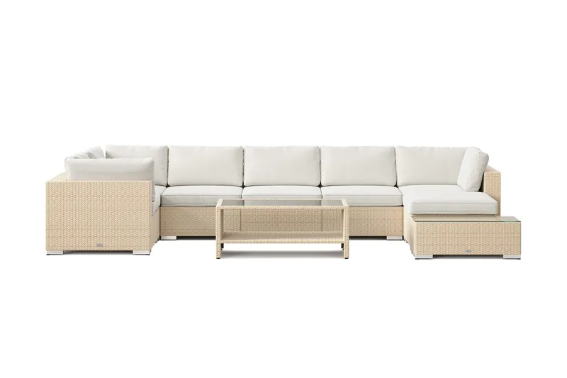 Bahamas udendørs U-sofa 7-pers vendbar divan med åben afslutning og bord med hylde - Beige - Havemøbler - Loungemøbler - Sofagrupper udendørs