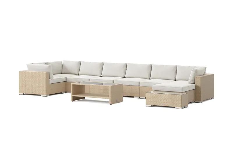 Bahamas udendørs U-sofa 8-pers vendbar divan med åben afslutning og bord med hylde, Beige
