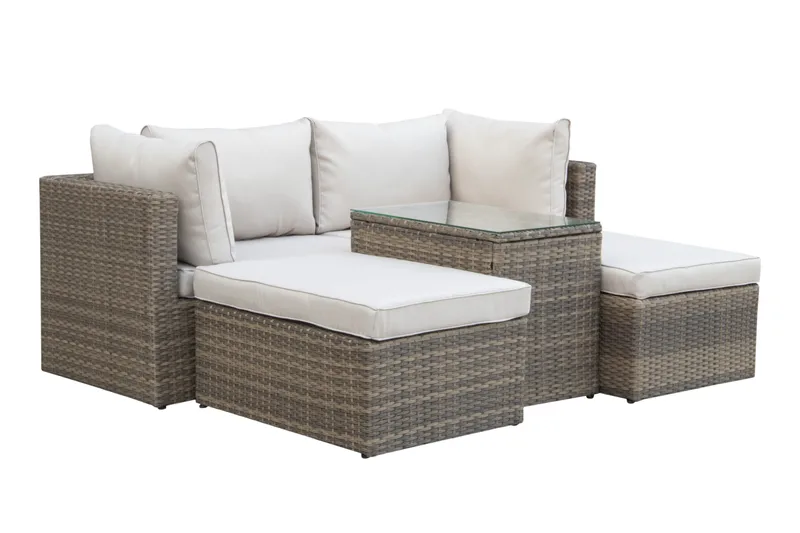 Dramilo loungegruppe i polyrattan med bord og hynder, Beige
