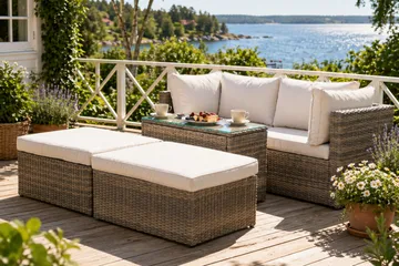 Dramilo loungegruppe i polyrattan med bord og hynder - Beige - Havemøbler - Loungemøbler - Sofagrupper udendørs