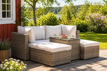 Dramilo loungegruppe i polyrattan med bord og hynder - Beige - Havemøbler - Loungemøbler - Sofagrupper udendørs