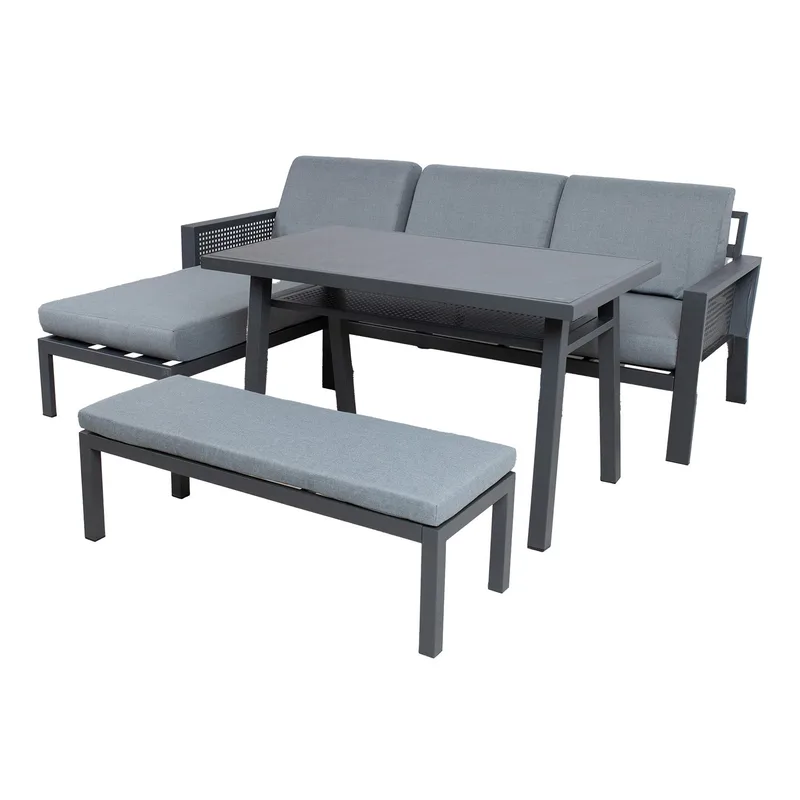 Havemøbelsæt HOME4YOU Delgado hjørnesofa, bord og bænk - Grå - Have - Udendørs miljø - Altan & terrasse - Altanmøbler