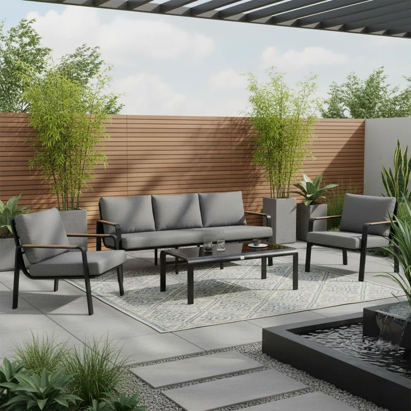 Havemøbelsæt HOME4YOU Lona bord, sofa og 2 stole Grå/Sort - Grå / sort - Have - Udendørs miljø - Altan & terrasse - Altanmøbler