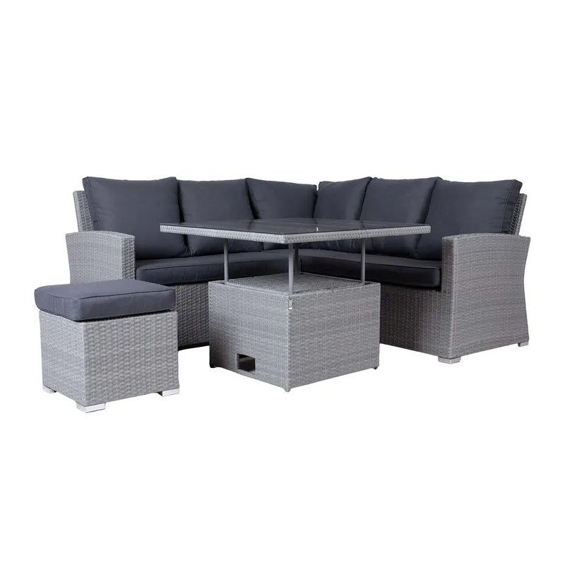 Havemøbelsæt HOME4YOU Samuel bord, hjørnesofa og puf, Grå