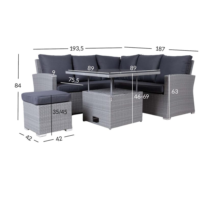 Havemøbelsæt HOME4YOU Samuel bord, hjørnesofa og puf - Grå - Have - Udendørs miljø - Altan & terrasse - Altanmøbler