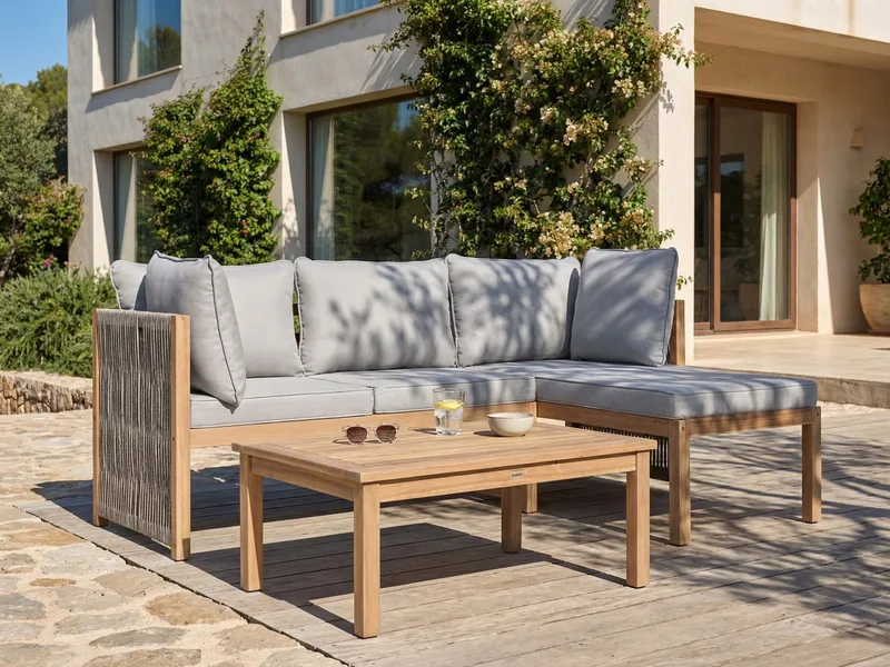 Hjørnesofa udendørs med bord 3-personers Arabba venstrevendt akacietræ - Brun/Grå - Have - Udendørs miljø - Altan & terrasse - Altanmøbler