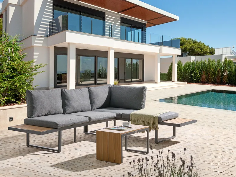 Hjørnesofa udendørs med bord 4-personers Pienza højrevendt - Grå/Brun/Sort - Have - Udendørs miljø - Altan & terrasse - Altanmøbler