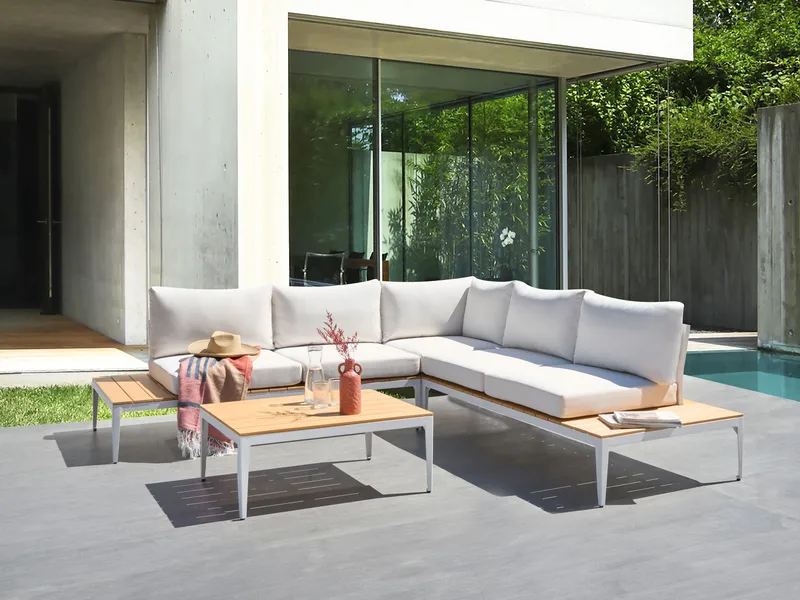 Hjørnesofa udendørs med bord 5-personers Positano - Hvid/Brun - Have - Udendørs miljø - Altan & terrasse - Altanmøbler