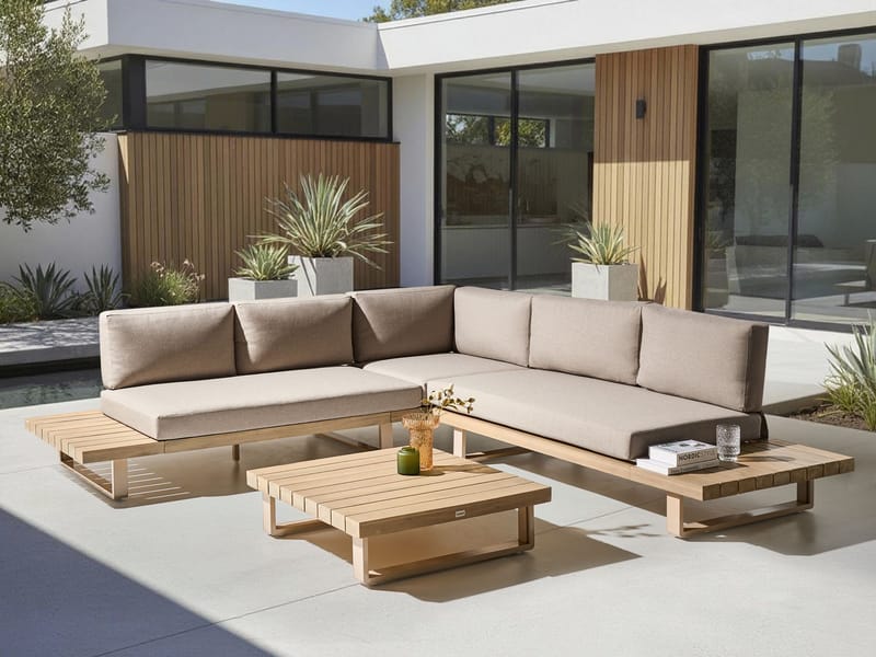 Hjørnesofa udendørs med bord 5-personers Mykonos højrevendt akacietræ - Beige/Brun - Havemøbler - Loungemøbler - Sofagrupper udendørs