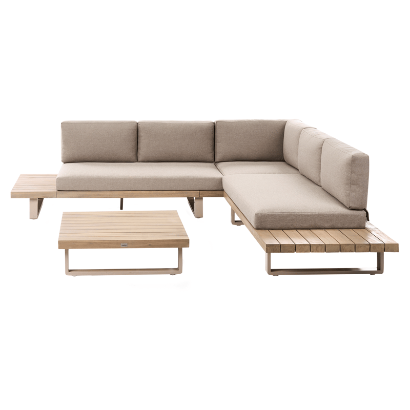 Hjørnesofa udendørs med bord 5-personers Mykonos højrevendt akacietræ, Beige/Brun