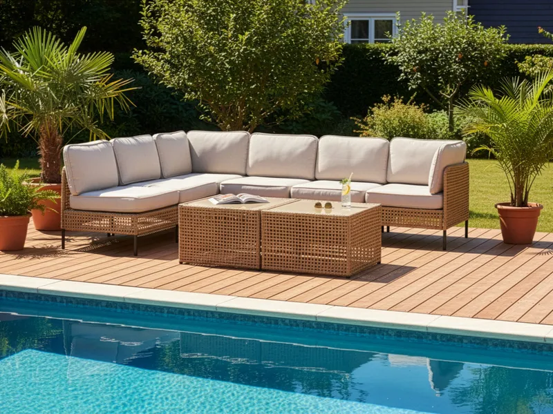 Hjørnesofa udendørs med bord 6-personers Omegana modulær kunstflet - Beige/Sort - Have - Udendørs miljø - Altan & terrasse - Altanmøbler