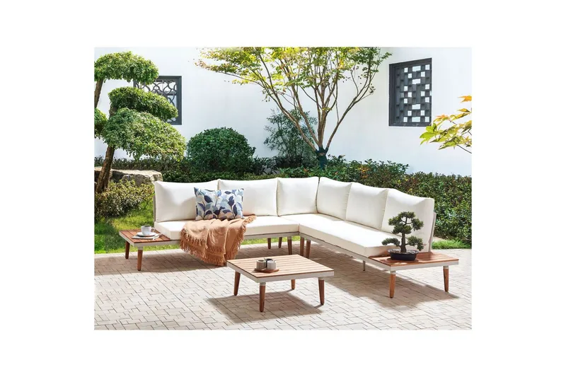 Loungegrupp Beliani Corato Grå/mörkt trä/ljust trä White||Light wood - Havemøbler - Loungemøbler - Sofagrupper udendørs