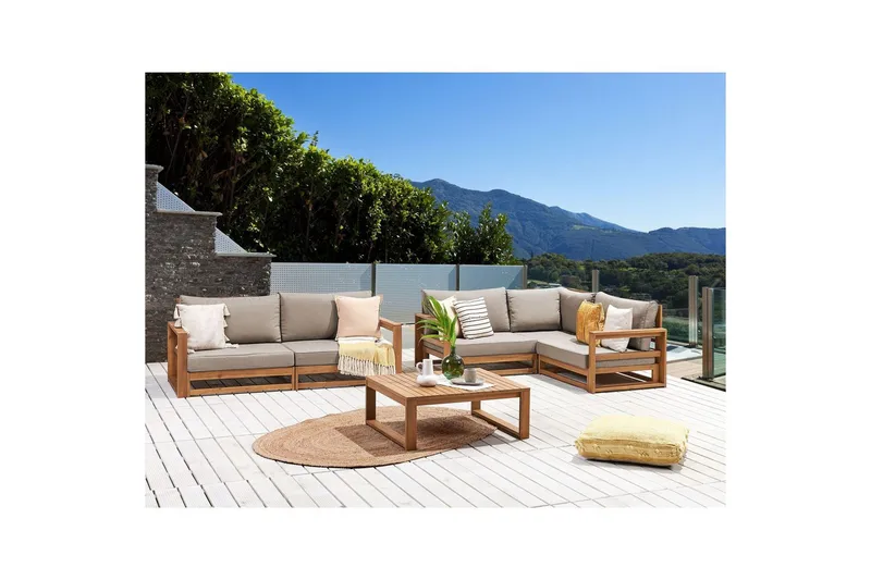Loungegrupp Beliani Timor 4-sits Ljus trä/grått/beige, Ja Light wood||Grey||Beige - Havemøbler - Loungemøbler - Sofagrupper udendørs