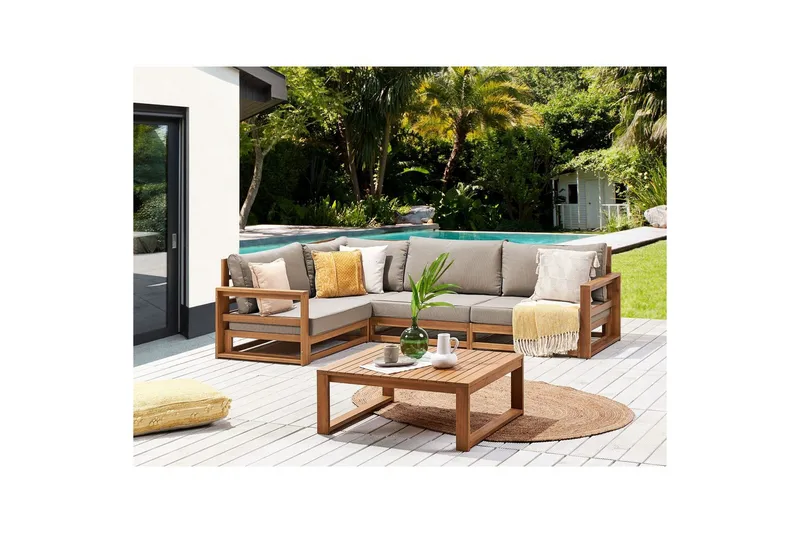Loungegrupp Beliani Timor Ljus trä/beige, Ja, Högervänd Light wood||Beige Left-faced - Havemøbler - Loungemøbler - Sofagrupper udendørs