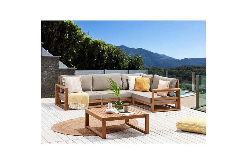 Loungegrupp Beliani Timor Ljus trä/beige, Ja, Högervänd Light wood||Beige Right-faced - Havemøbler - Loungemøbler - Sofagrupper udendørs