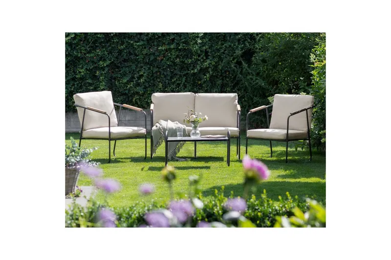Loungegrupp Beliani Vezzana Beige/ljust trä/svart Beige||Light wood||Black - Havemøbler - Loungemøbler - Sofagrupper udendørs
