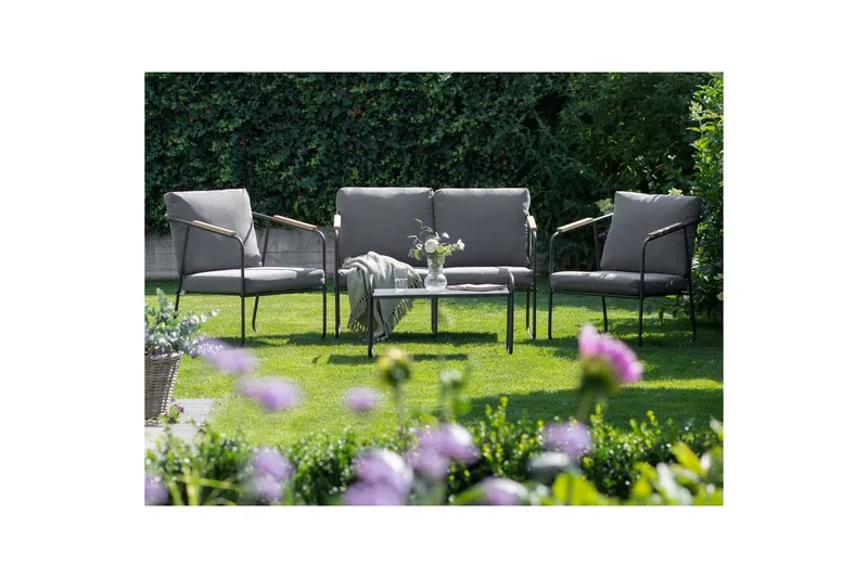 Loungegrupp Beliani Vezzana Beige/ljust trä/svart Grey||Light wood||Black - Havemøbler - Loungemøbler - Sofagrupper udendørs