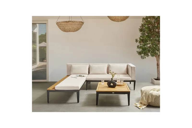 Loungegrupp med bord Beliani Bracciano 3-Sits Beige||Light wood||Black - Havemøbler - Loungemøbler - Sofagrupper udendørs