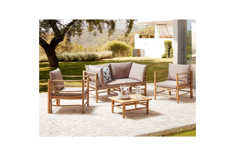 Loungegrupp med bord Beliani Cerreto Beige/ljust trä, 4-Sits Beige||Light wood - Havemøbler - Loungemøbler - Sofagrupper udendørs
