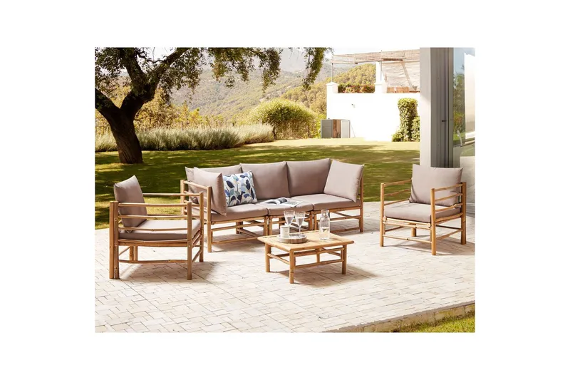 Loungegrupp med bord Beliani Cerreto Beige/ljust trä, 5-Sits Beige||Light wood - Havemøbler - Loungemøbler - Sofagrupper udendørs